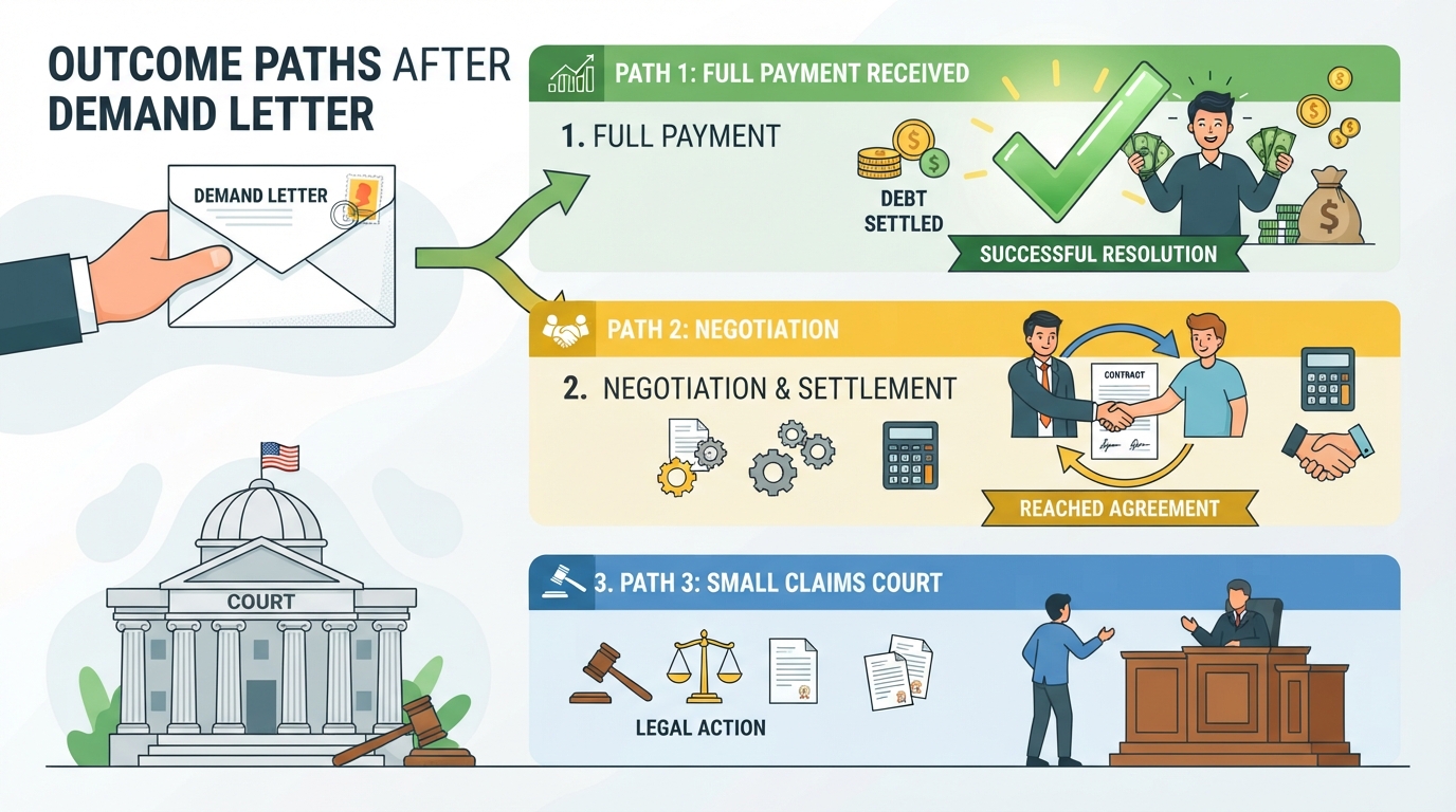 Three outcomes after security deposit demand letter showing payment, negotiation, or small claims court